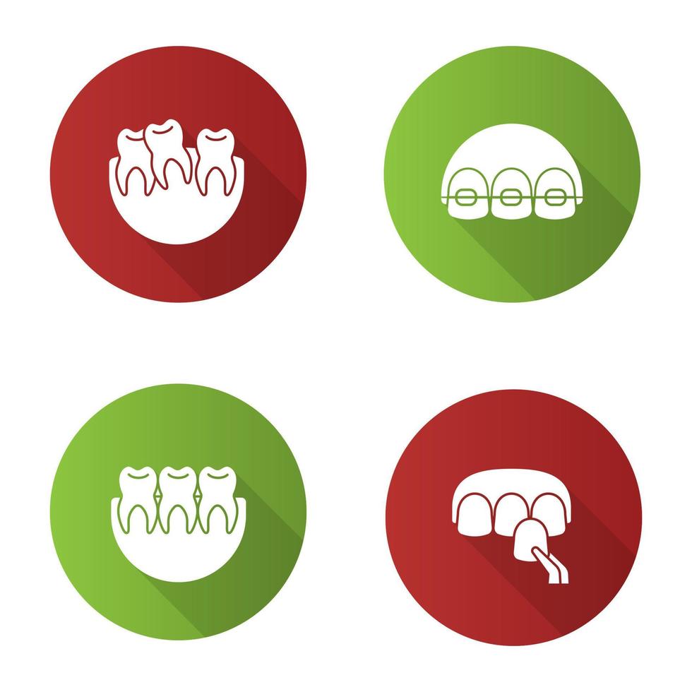conjunto de ícones de glifo de design plano de odontologia longa sombra. estomatologia. dentes tortos e saudáveis, aparelho dentário, folheado. ilustração em vetor silhueta