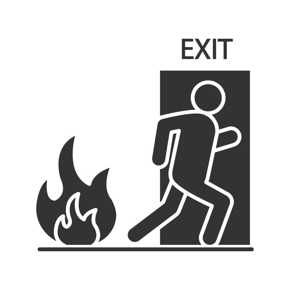 porta de saída de emergência de incêndio com ícone de glifo humano. plano de evacuação. símbolo de silhueta. espaço negativo. ilustração vetorial isolada vetor