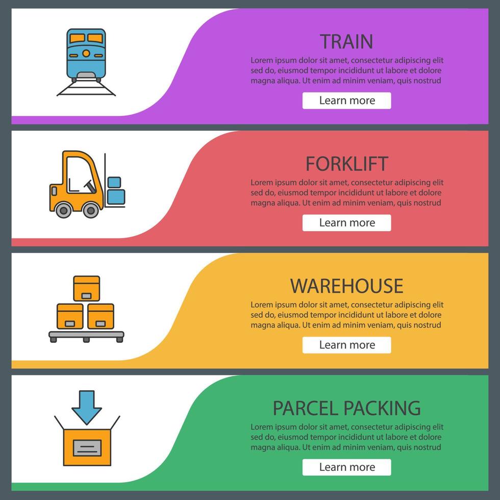 conjunto de modelos de banner da web de transporte de carga. serviço de entrega. trem, empilhadeira, armazém, embalagem de encomendas. itens do menu de cores do site. conceitos de design de cabeçalhos vetoriais vetor