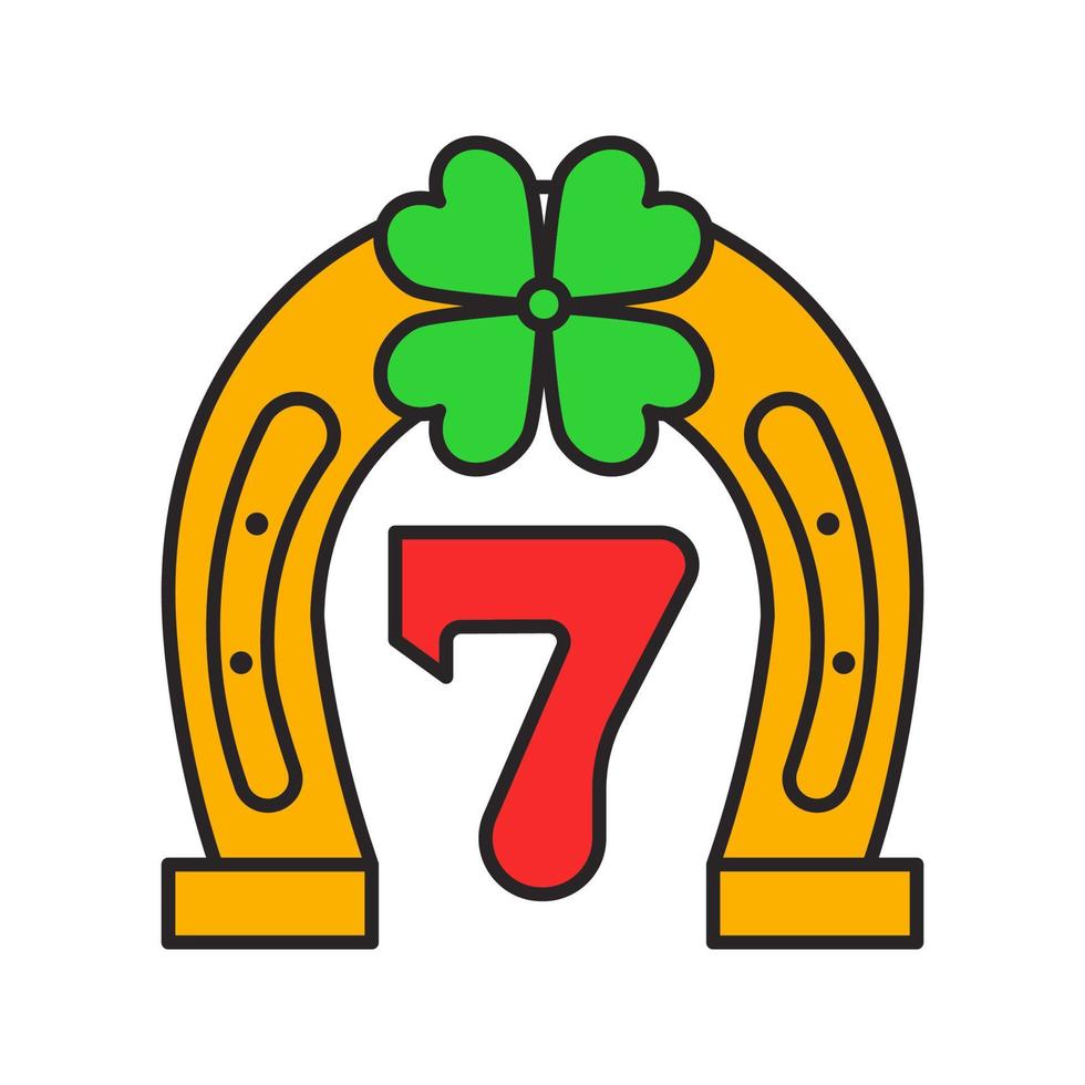 ícone de cor de sete jogos de sorte. ferradura e trevo de quatro folhas com número 7 ilustração vetorial isolada vetor