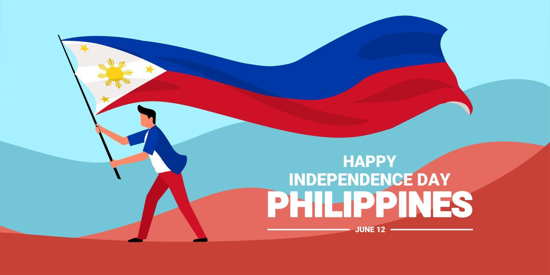 bandeira do dia da independência das filipinas, jovem acenando a bandeira, como símbolo de independência, ilustração vetorial. vetor