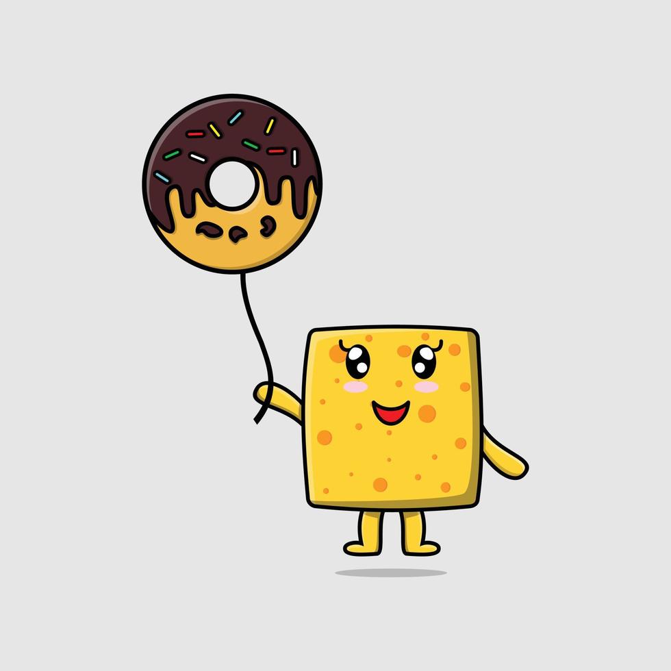 queijo bonito dos desenhos animados flutuando com balão de donuts vetor