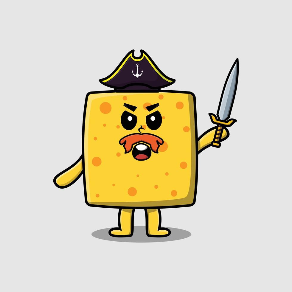 pirata de queijo bonito dos desenhos animados com chapéu e espada vetor