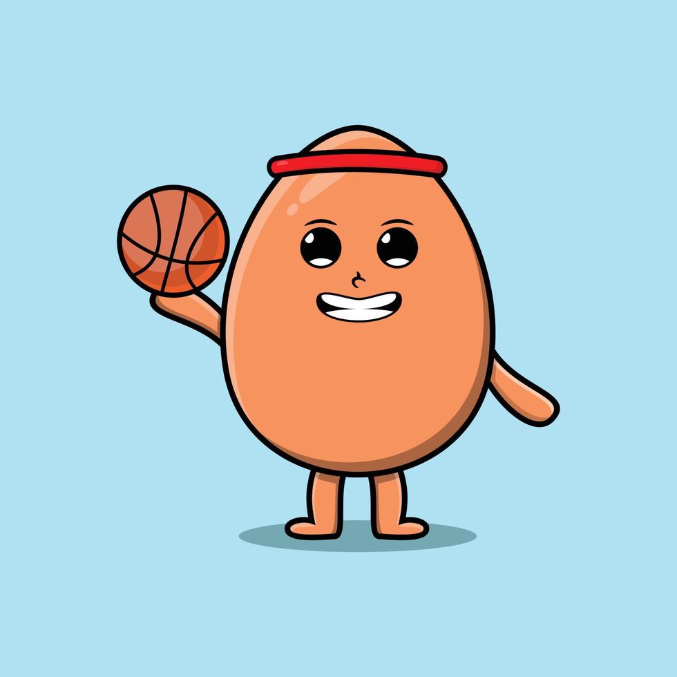 lindo ovo marrom bonito dos desenhos animados jogando basquete vetor