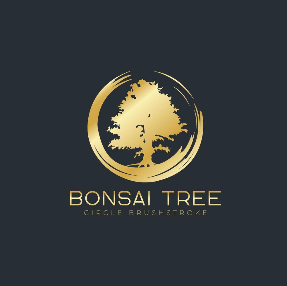 pincelada de círculo com logotipo de árvore bonsai, ícones de silhueta de plantas em fundo branco. vetor