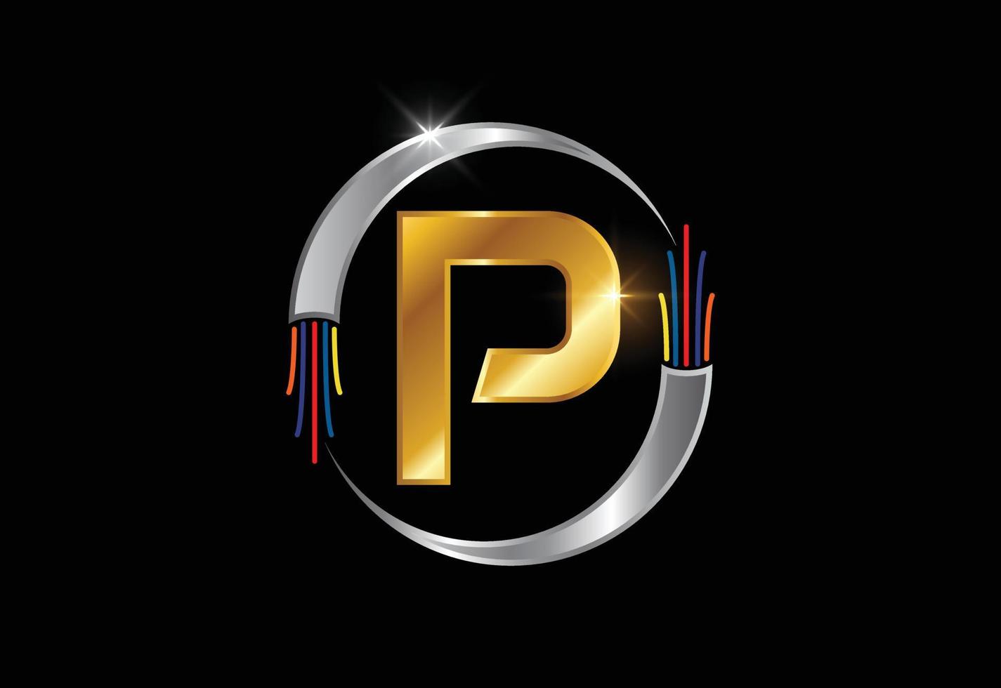 alfabeto letra p monograma inicial com fio elétrico, cabo de fibra óptica. emblema da fonte. vetor