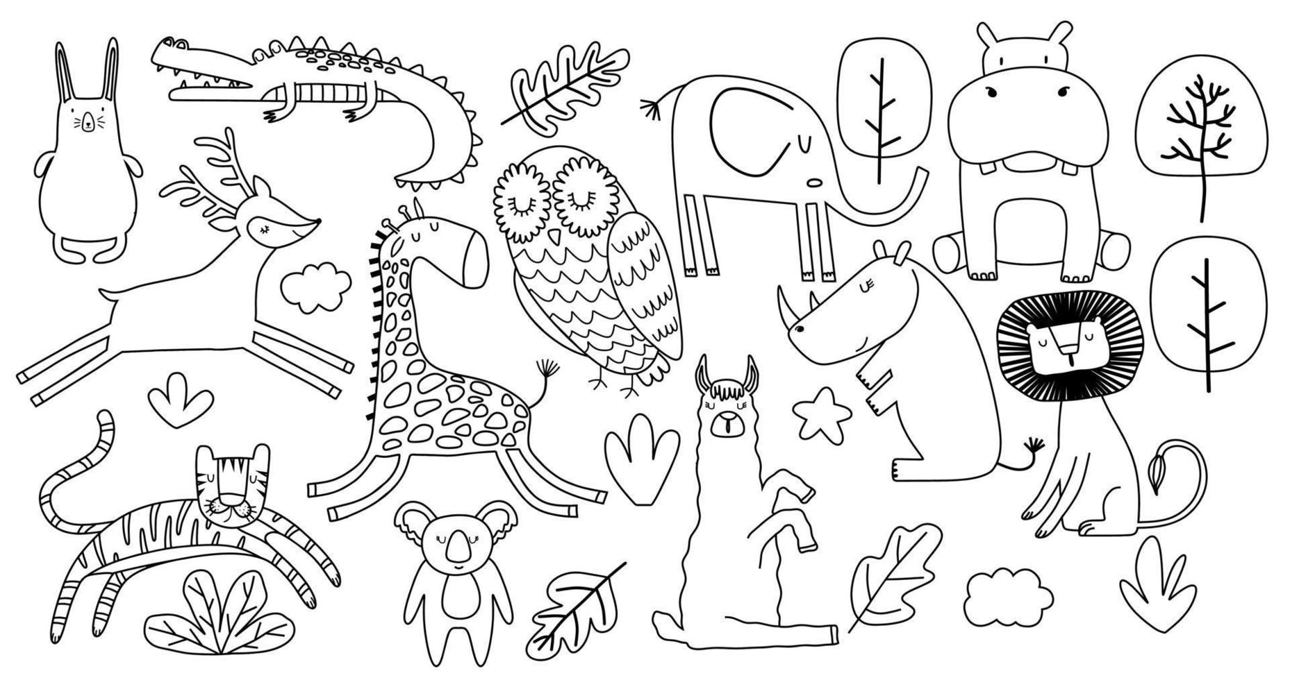 grande conjunto de desenhos animados de animais fofos doodle. vetor