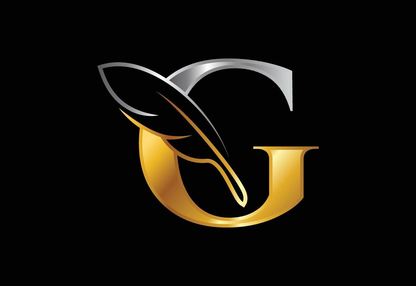 alfabeto g inicial com uma pena. símbolo de sinal de ícone de escritório de advocacia. logotipo para um escritor ou editores vetor