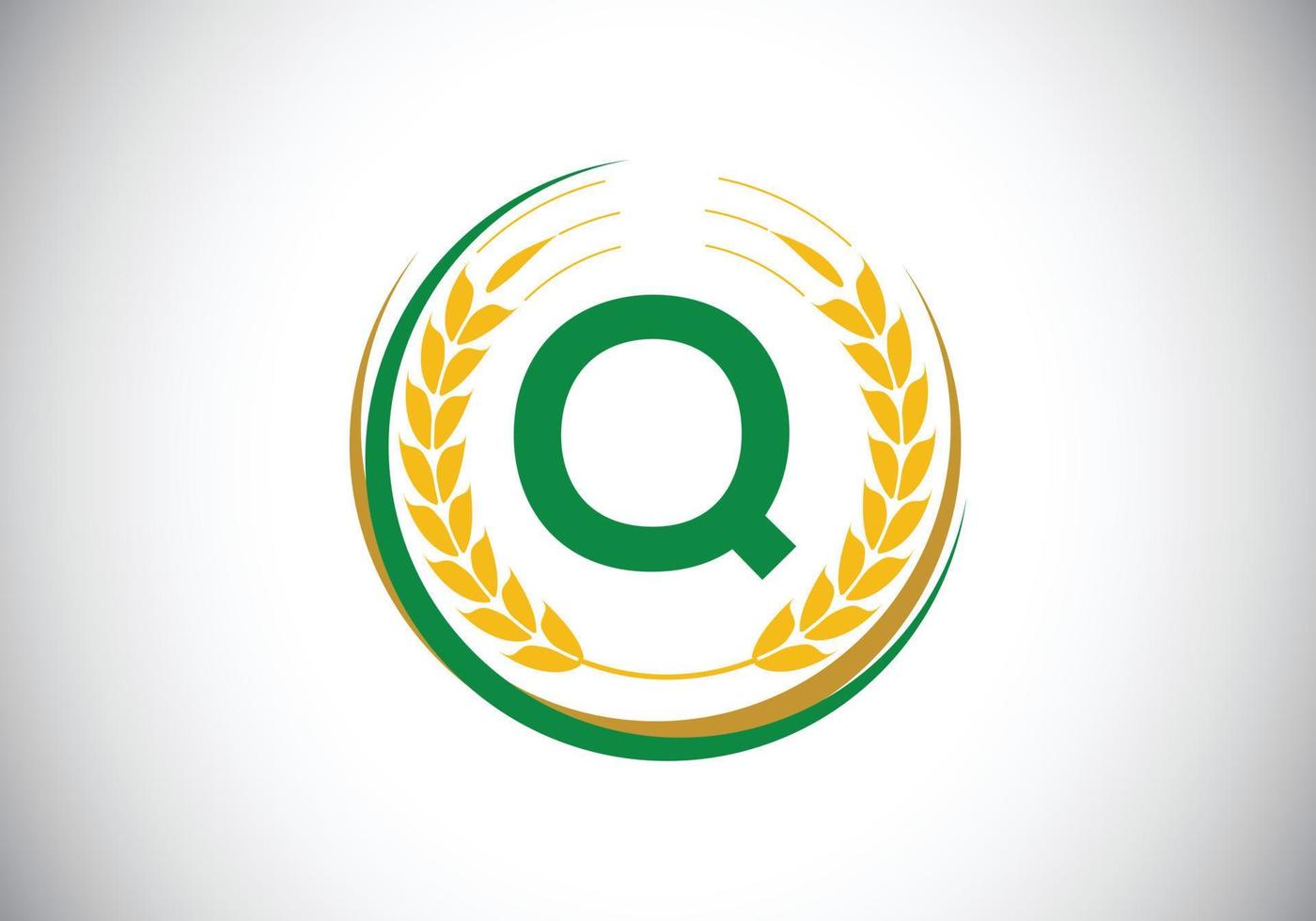 letra inicial q sinal símbolo com grinalda de espigas de trigo. conceito de design de logotipo de agricultura de trigo orgânico. modelo de vetor de design de logotipo de agricultura.