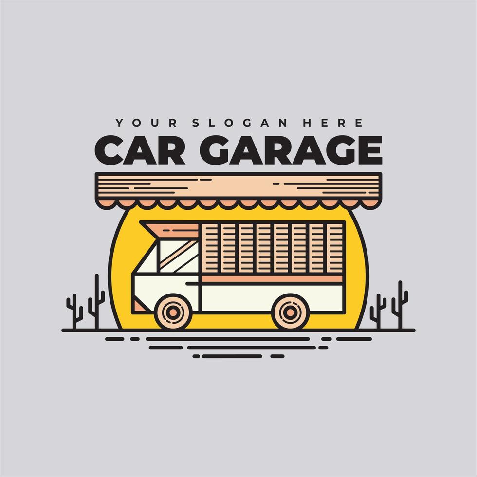 logotipo retrô da garagem do carro com carro clássico vetor