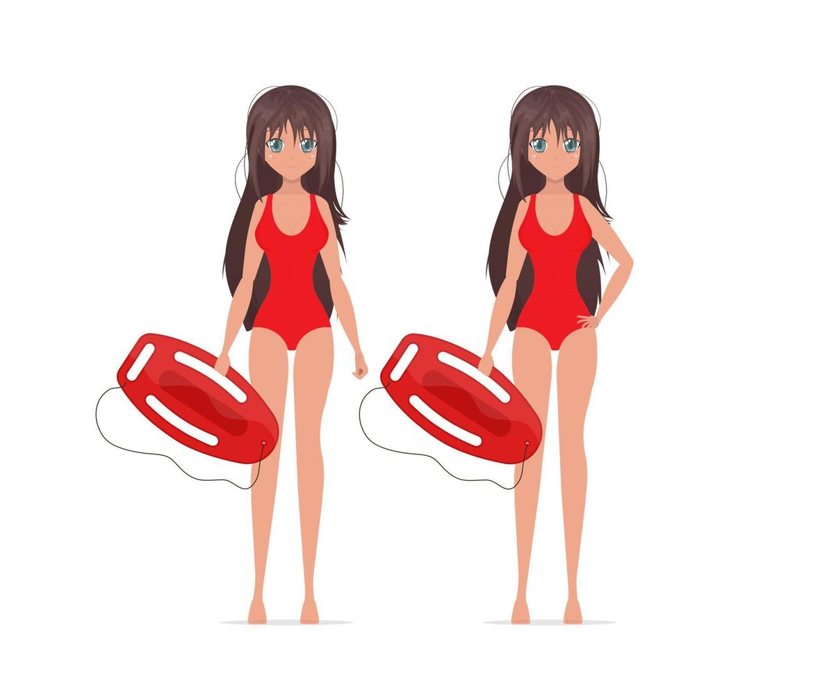 uma linda garota de maiô vermelho tem uma tábua de salvação nas mãos dela. salva-vidas de praia. estilo de anime de desenho animado. ilustração vetorial vetor