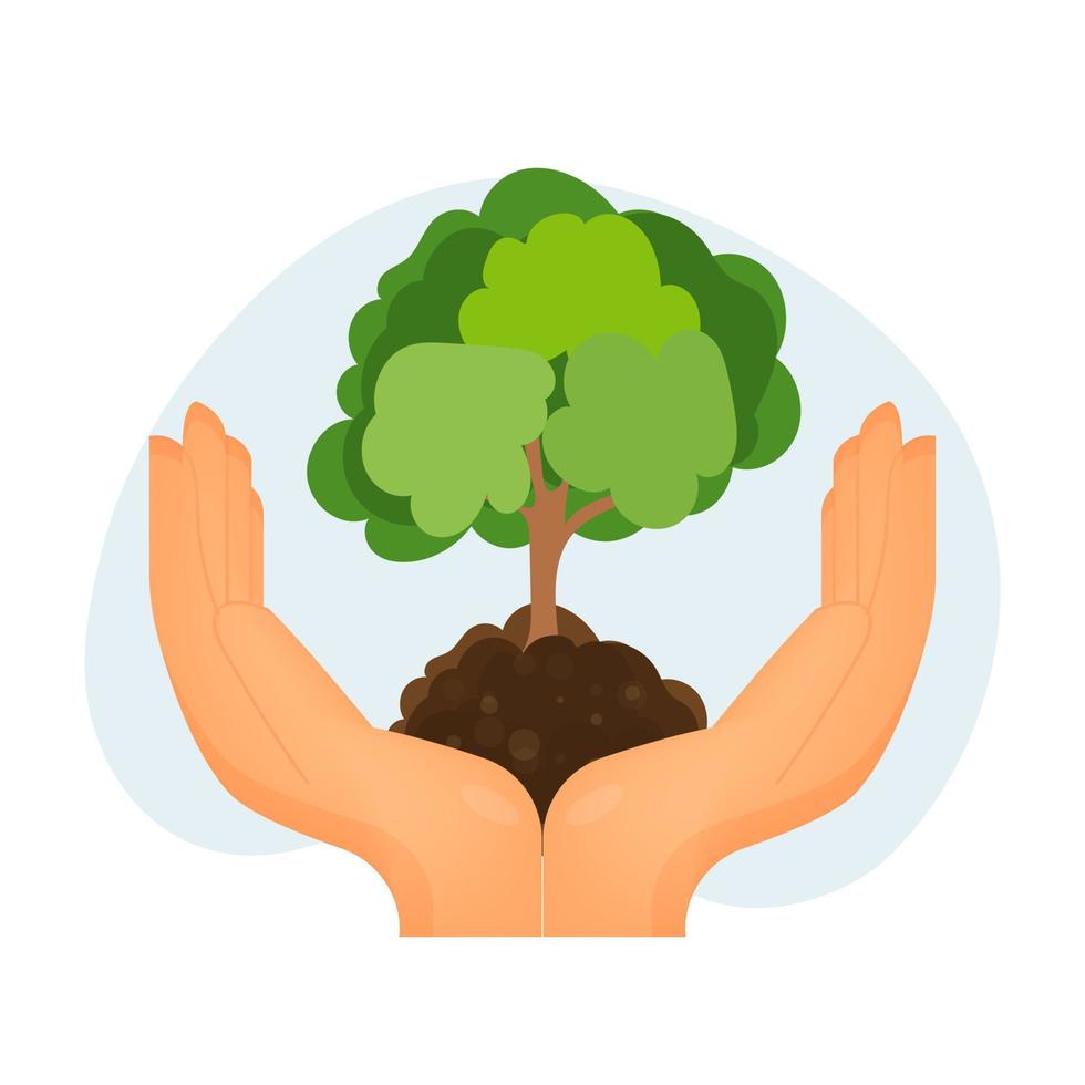 ilustração de sustentabilidade de planta verde e símbolo de problema ambiental com as mãos segurando pequenas plantas. vetor