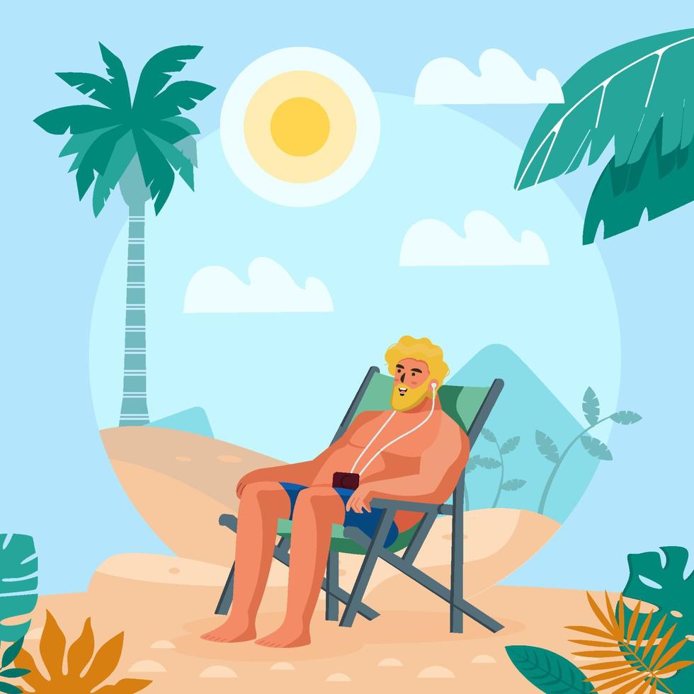 homem tomando banho de sol no conceito de praia vetor