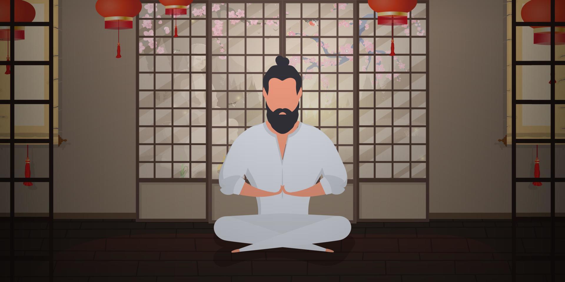 um monge medita em uma sala de estilo japonês. um samurai praticando meditação ou ioga. estilo de desenho animado. ilustração vetorial. vetor