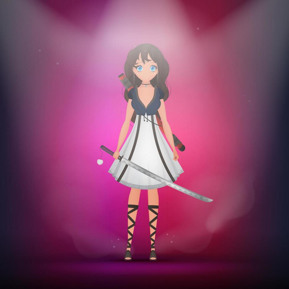 menina com uma katana em um vestido branco. anime mulher samurai. estilo cartoon, ilustração vetorial. vetor