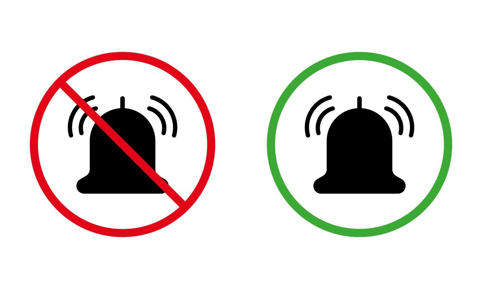 anel sino silhueta preta conjunto de ícones. observe o sinal redondo proibido vermelho da zona silenciosa. toque de telefone volume alto permitido área verde símbolo. notificação de atenção fora do modo mudo. ilustração vetorial isolado. vetor