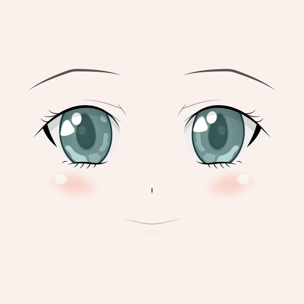 cara de anime feliz. grandes olhos verdes estilo mangá, nariz pequeno e boca kawaii. mão desenhada ilustração vetorial. isolado no branco. vetor
