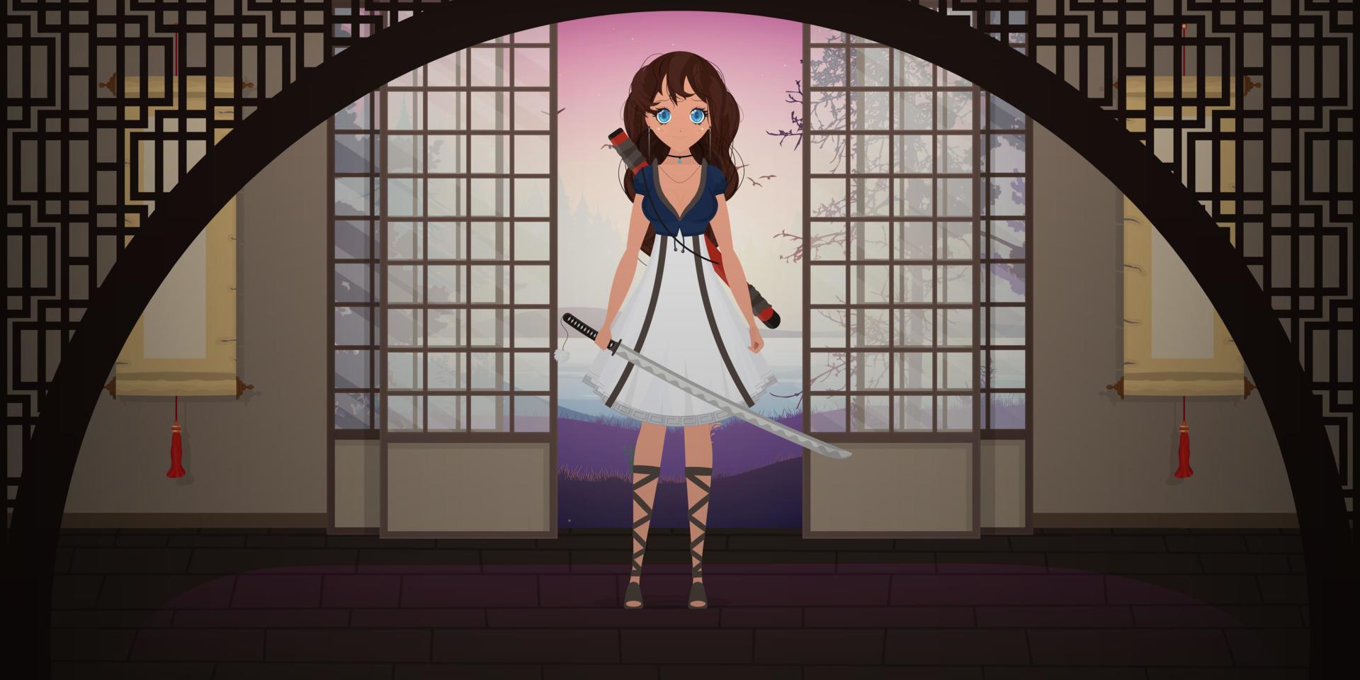 uma garota com uma katana em um vestido branco no quarto de uma casa japonesa. anime mulher samurai. estilo cartoon, ilustração vetorial. vetor