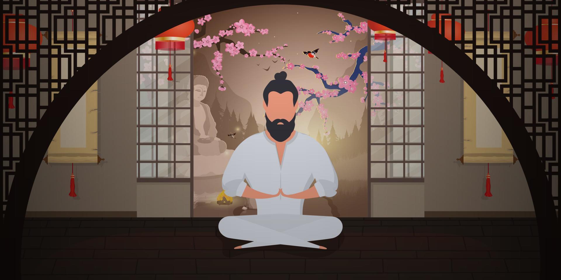 um monge medita em uma sala de estilo japonês. um samurai praticando meditação ou ioga. estilo de desenho animado. ilustração vetorial. vetor
