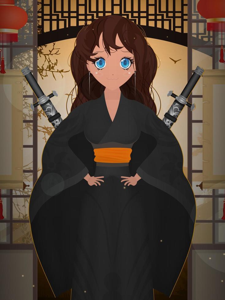 mulheres em um longo quimono de seda preta e uma katana nas costas. estilo de desenho animado. ilustração vetorial. vetor