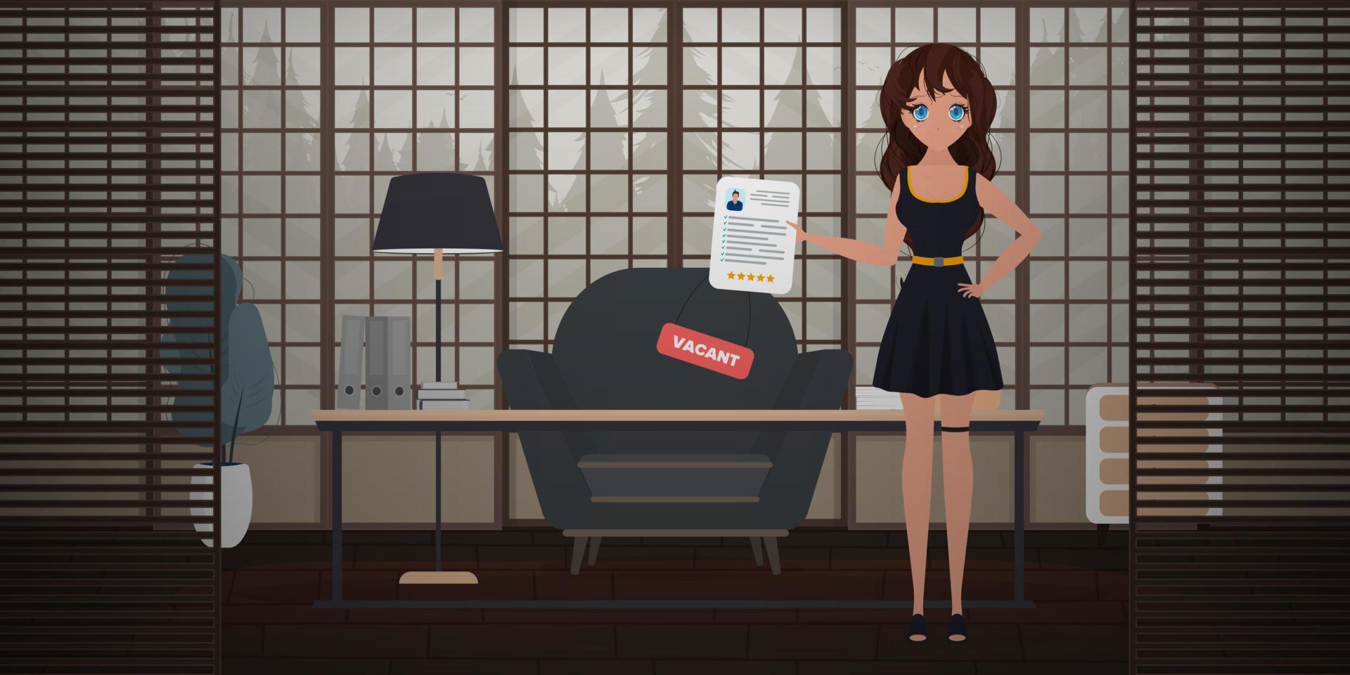 garota mostra em um lugar vago. copo em forma de cadeira de escritório. o conceito de trabalho aberto. ilustração vetorial vetor