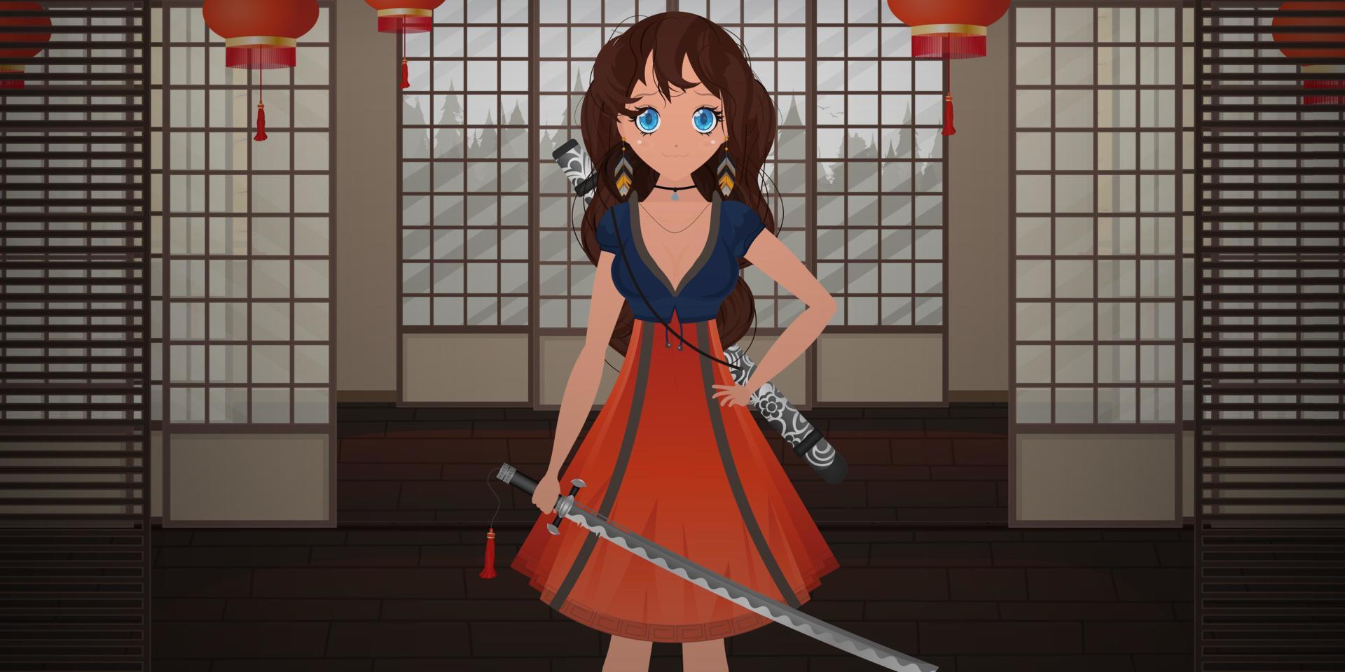 uma garota com uma katana em um vestido azul e vermelho fica em uma sala japonesa. anime mulher samurai. estilo cartoon, ilustração vetorial. vetor