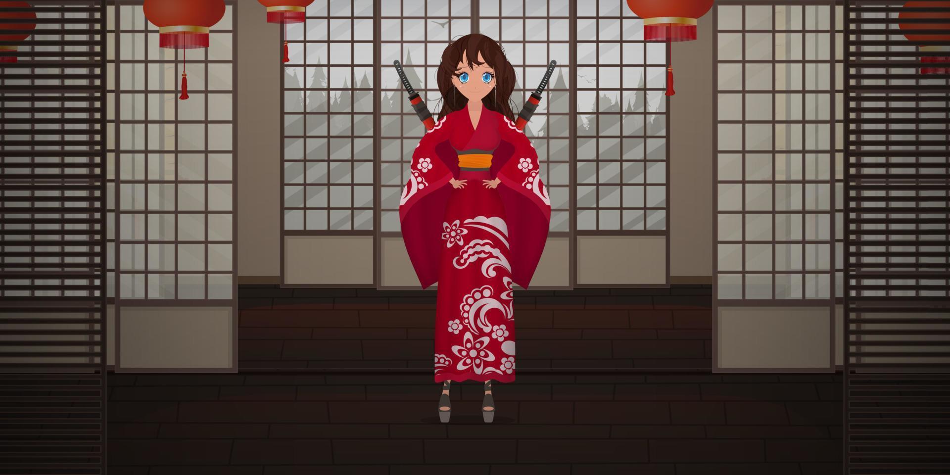 mulheres em um longo quimono de seda vermelha e uma katana nas costas. vetor