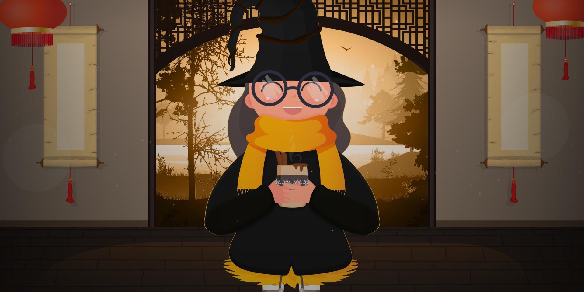 bruxa bonita com vinho quente. uma garota de terno preto e chapéu segura uma xícara com uma bebida quente. conceito de dia das bruxas. vetor. vetor