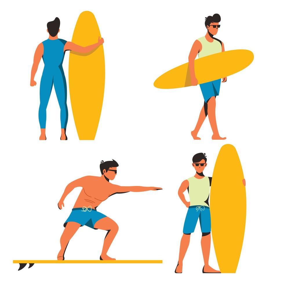 coleção de meninos surfistas com pranchas de surf no verão vetor