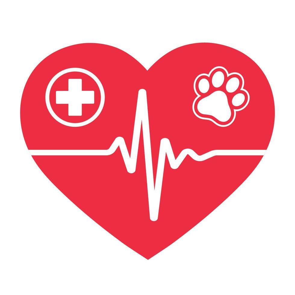 símbolo de batimento cardíaco do emblema veterinário no coração com pata de cachorro. vetor