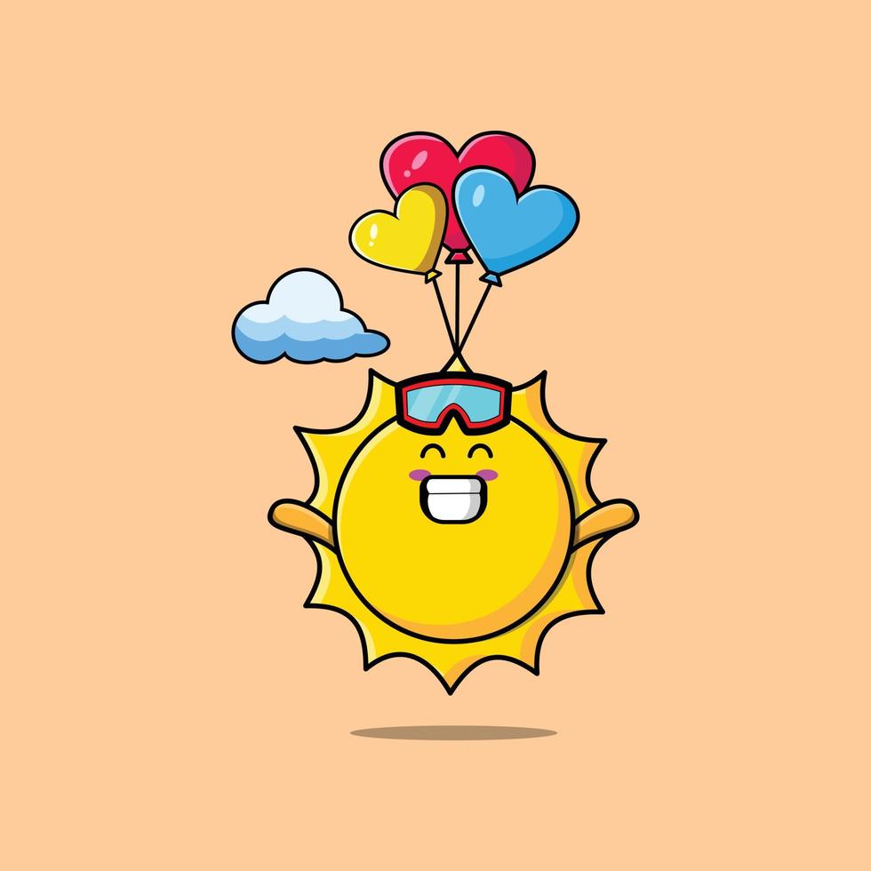 mascote de sol bonito dos desenhos animados está saltando de paraquedas com balão vetor
