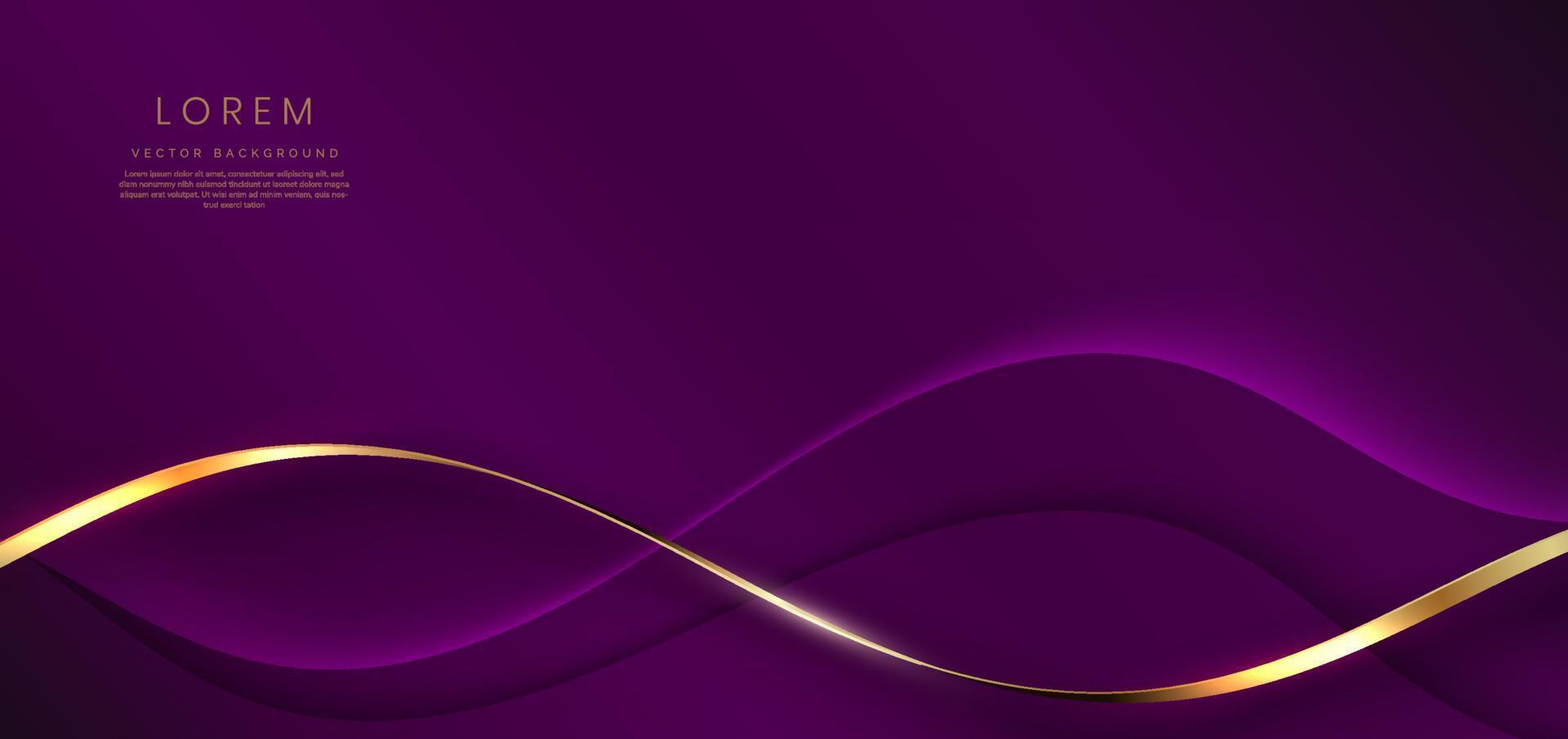 abstrato 3d curvado fita violeta e ouro sobre fundo violeta com espaço de cópia de efeito de iluminação para texto. estilo de design de luxo. vetor