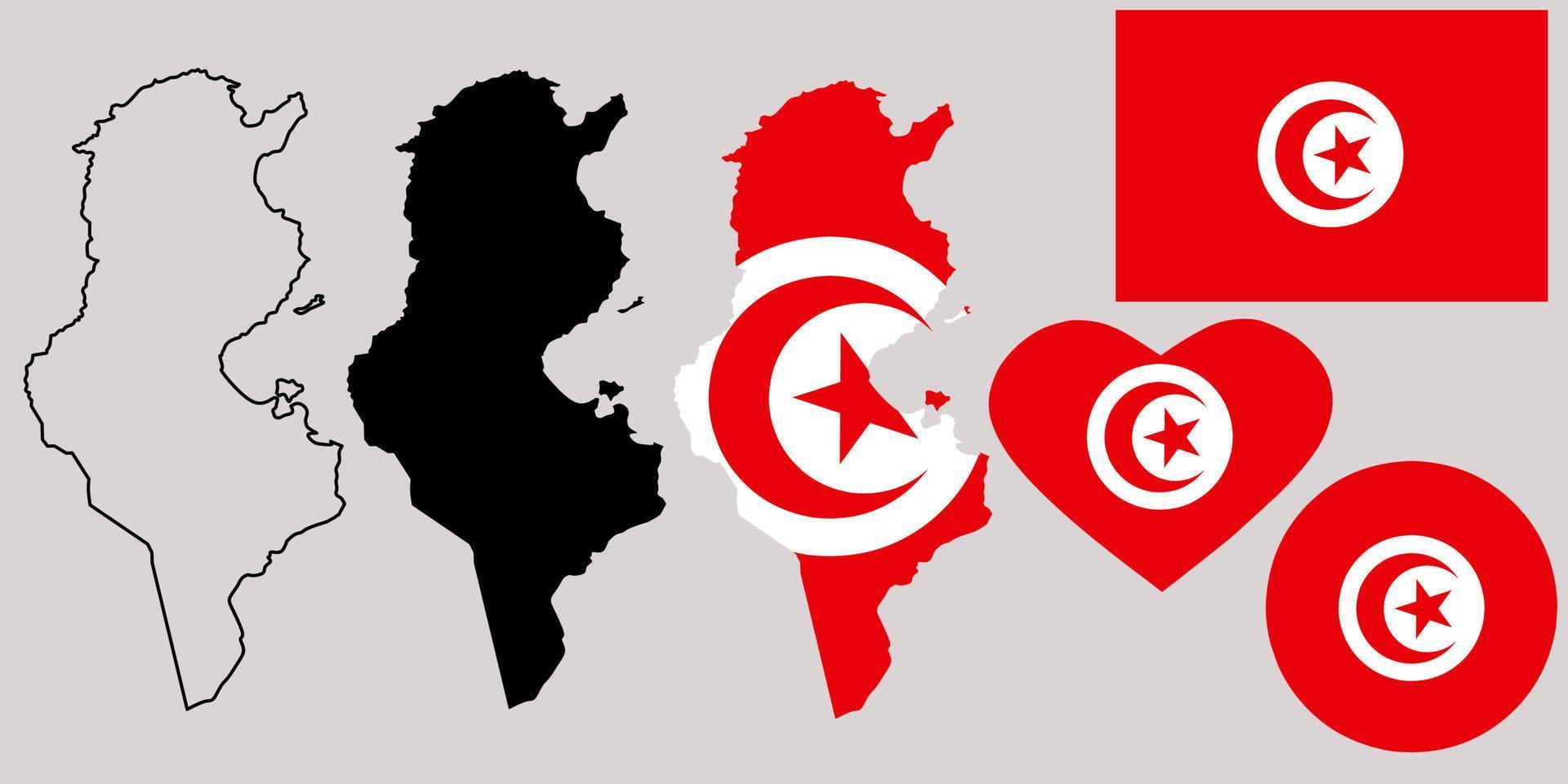 conjunto de ícones de bandeira do mapa da república da tunísia vetor