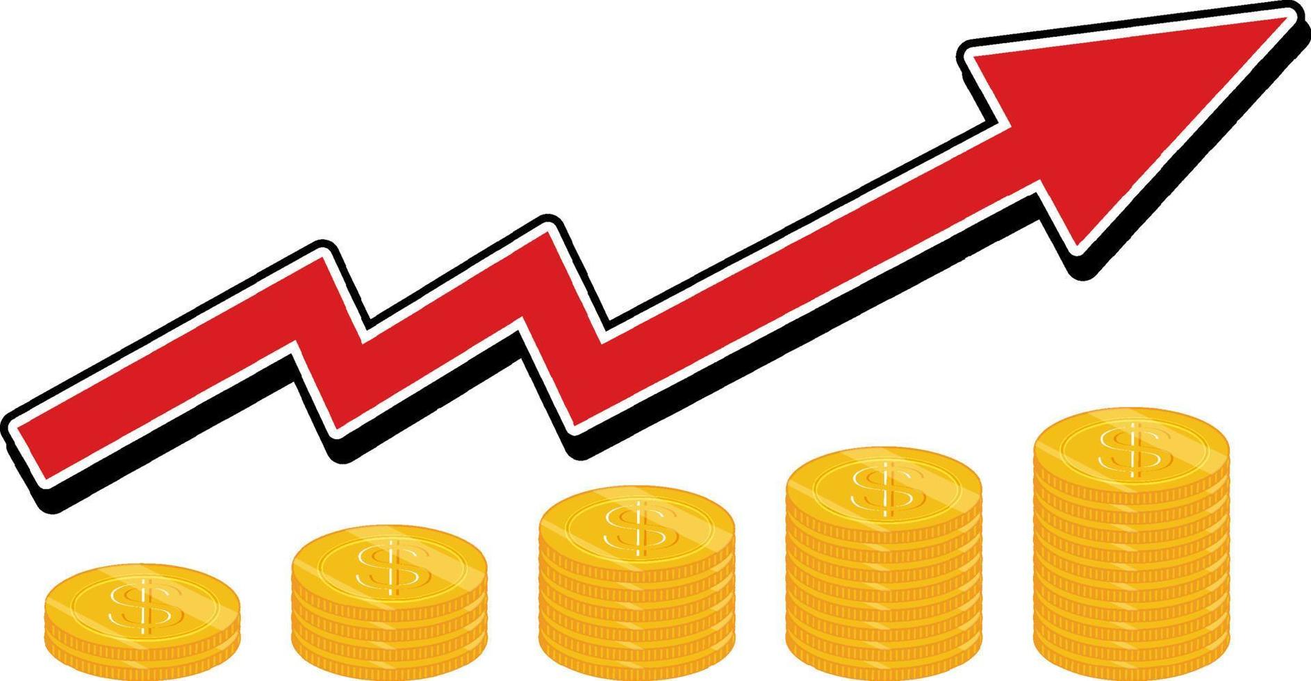 seta vermelha subindo com pilhas de moedas vetor