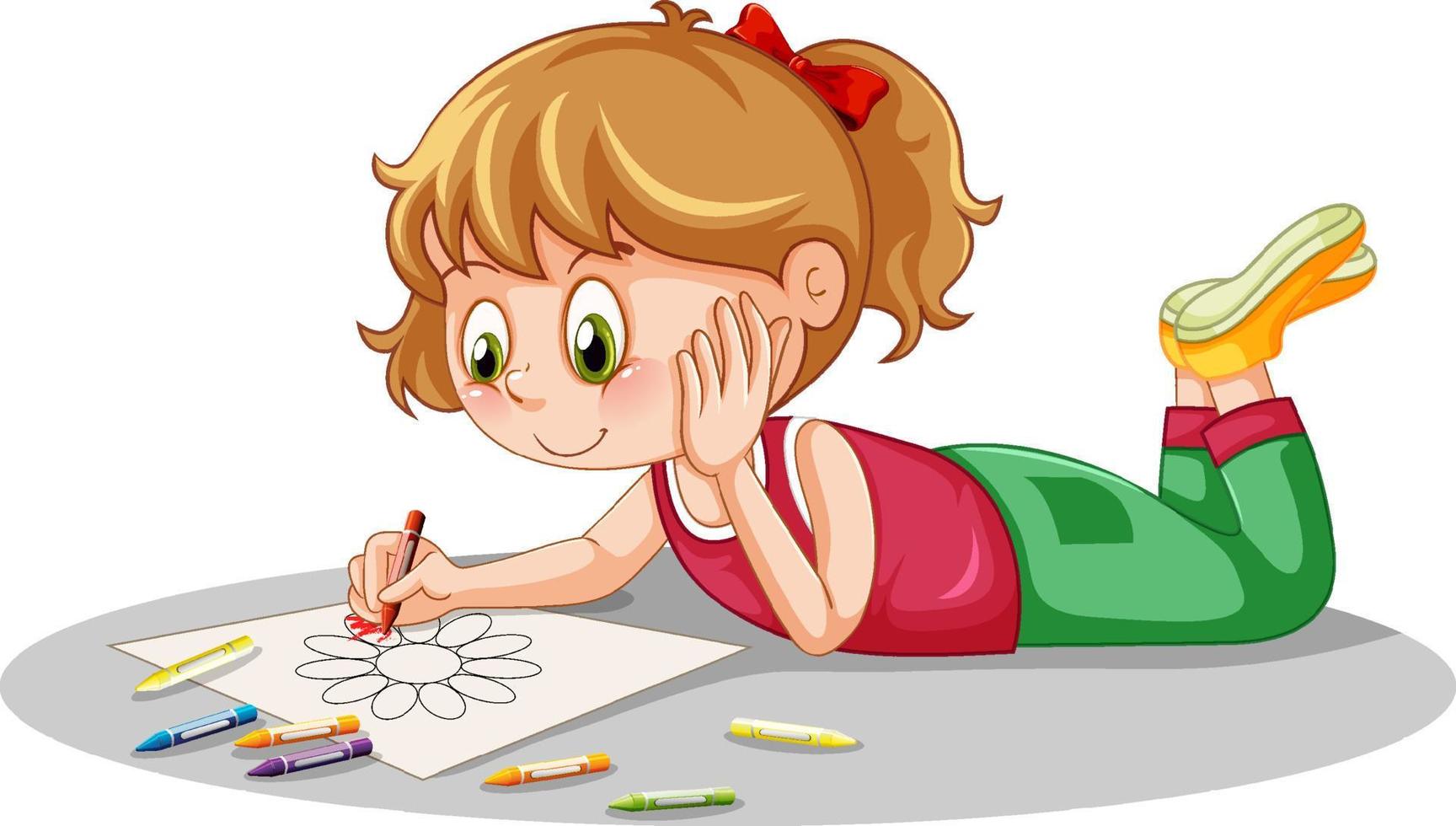 menina desenhando flor em fundo branco vetor