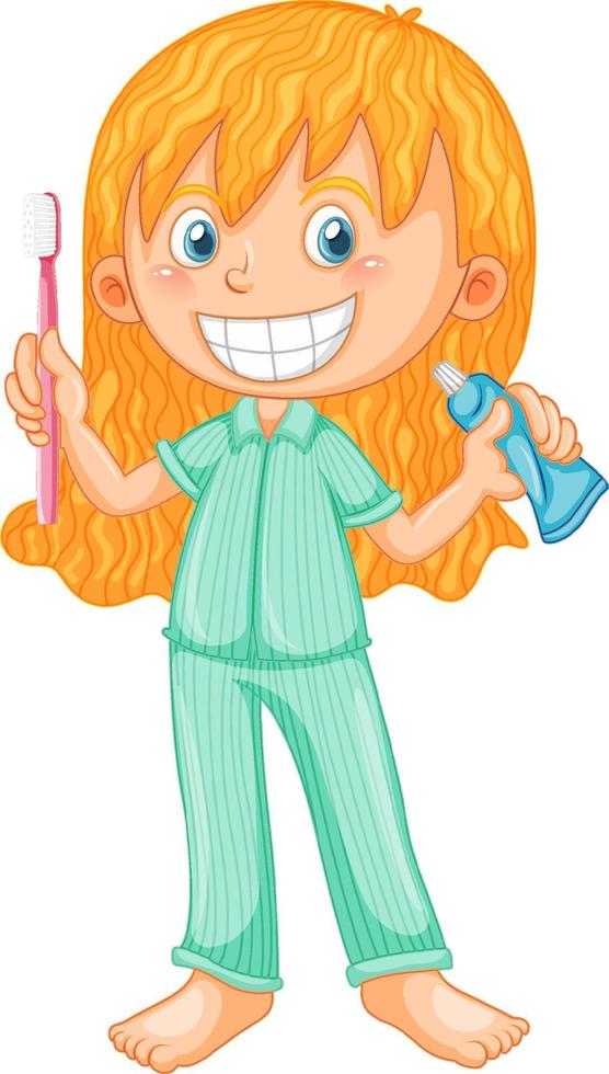 garota de pijama segurando a escova de dentes e pasta de dente vetor