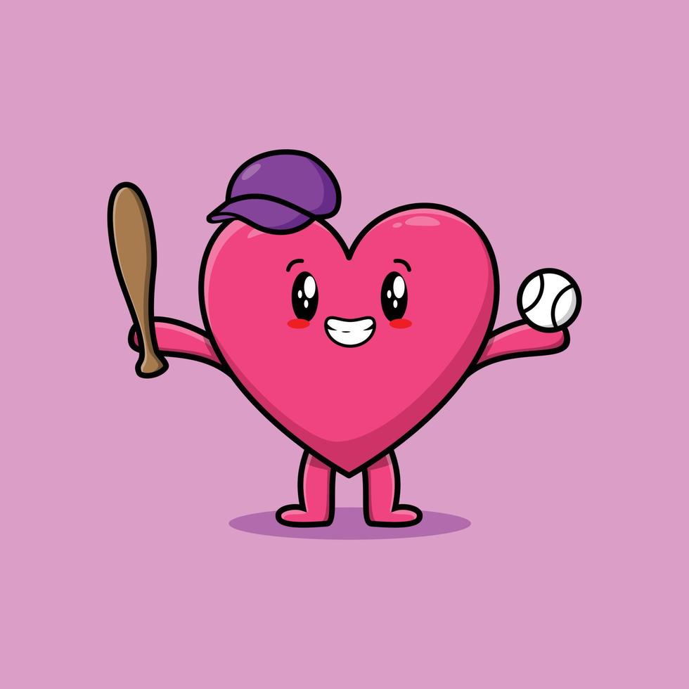 lindo coração adorável dos desenhos animados jogando beisebol vetor