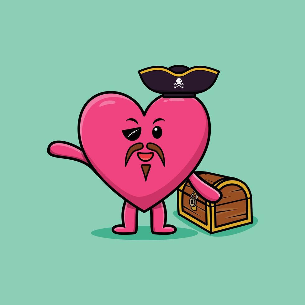 bonito desenho animado pirata de coração adorável com caixa de tesouro vetor