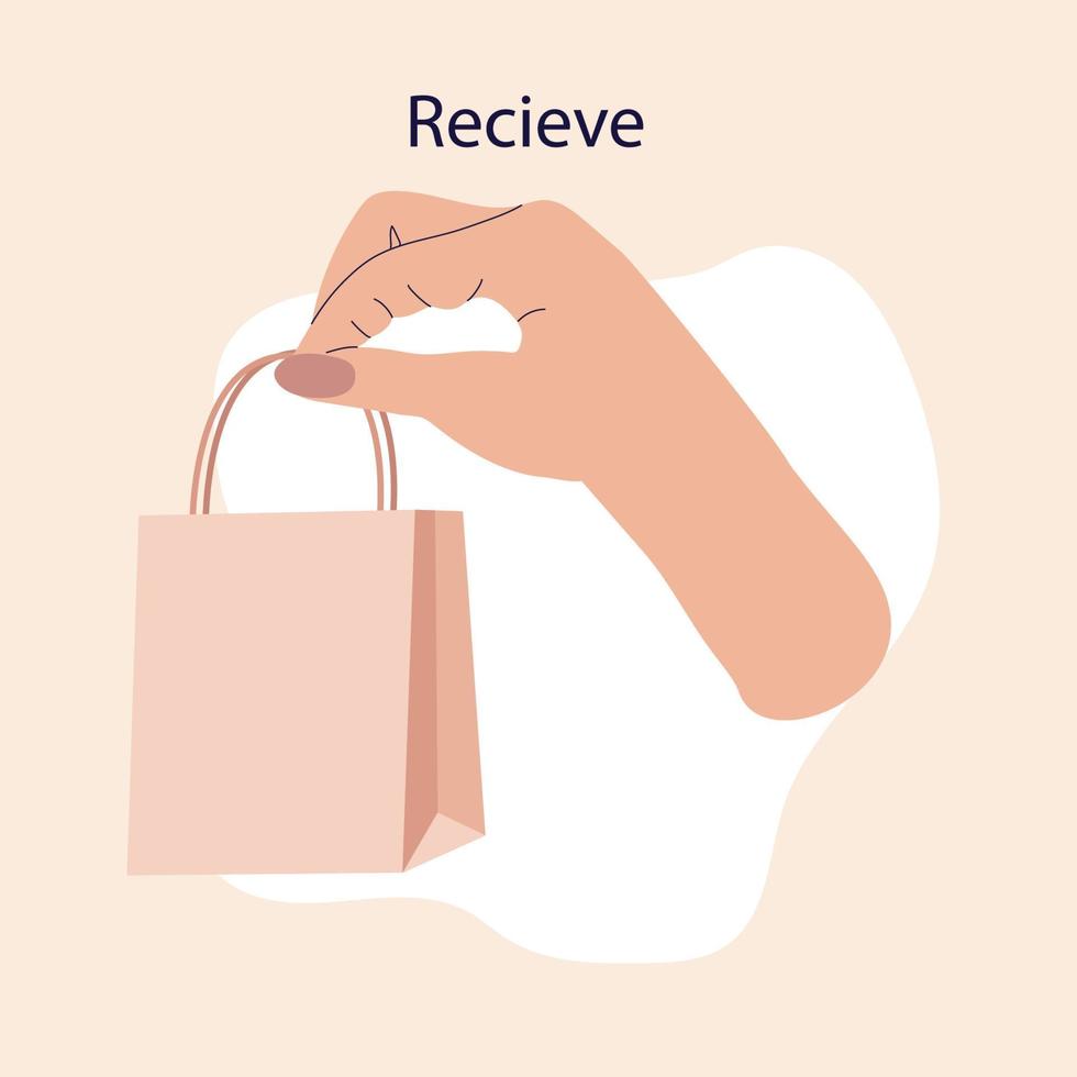 conceito de compras on-line. ilustração de compras e entrega on-line com uma mão segurando uma bolsa. design de vetor desenhado à mão na moda.