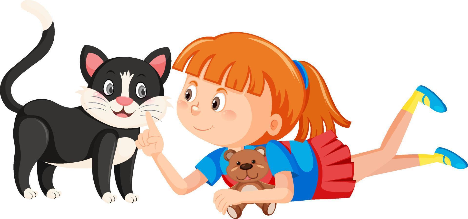 Menina agachada brincando com seu gato ruivo jogo engraçado com bichinho de  estimação ilustração de estilo