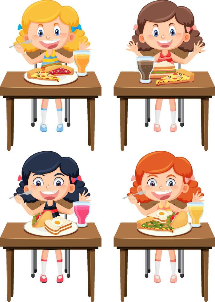 meninas diferentes gostam de comer conjunto de comida vetor