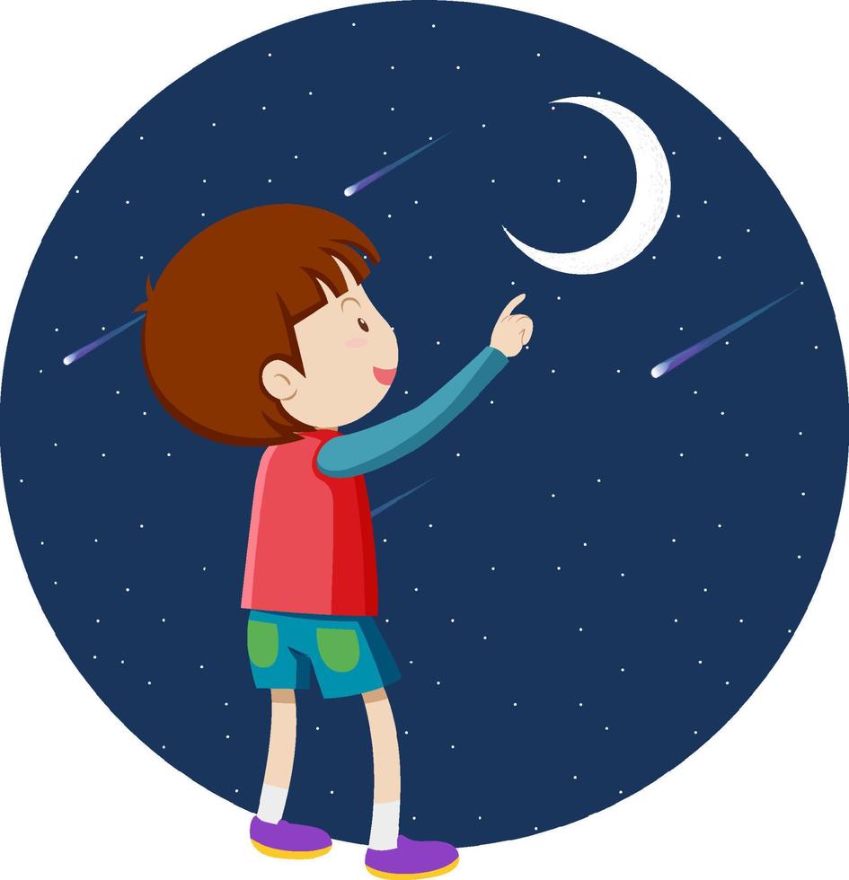 um menino apontando o dedo para a lua vetor
