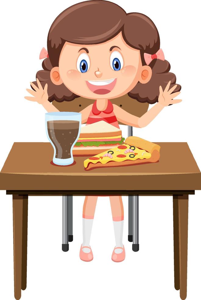 garota feliz gosta de comer comida na mesa vetor