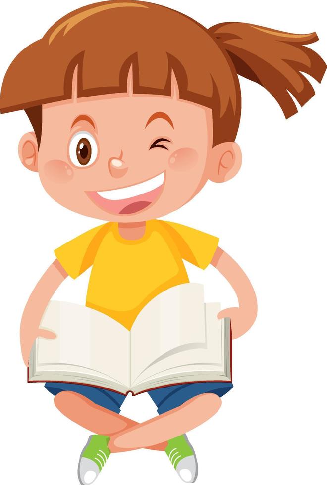 uma garota feliz lendo livro em estilo cartoon vetor