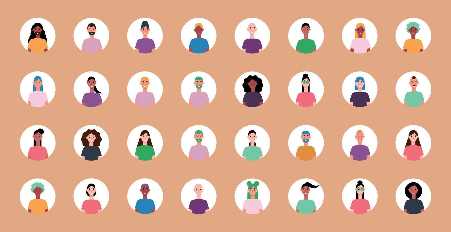 conjunto de 32 avatares circulados com rostos de jovens. imagem de diferentes raças e nacionalidades, mulheres e homens. conjunto de ícones de perfil de usuário. emblemas redondos com pessoas felizes - vetor