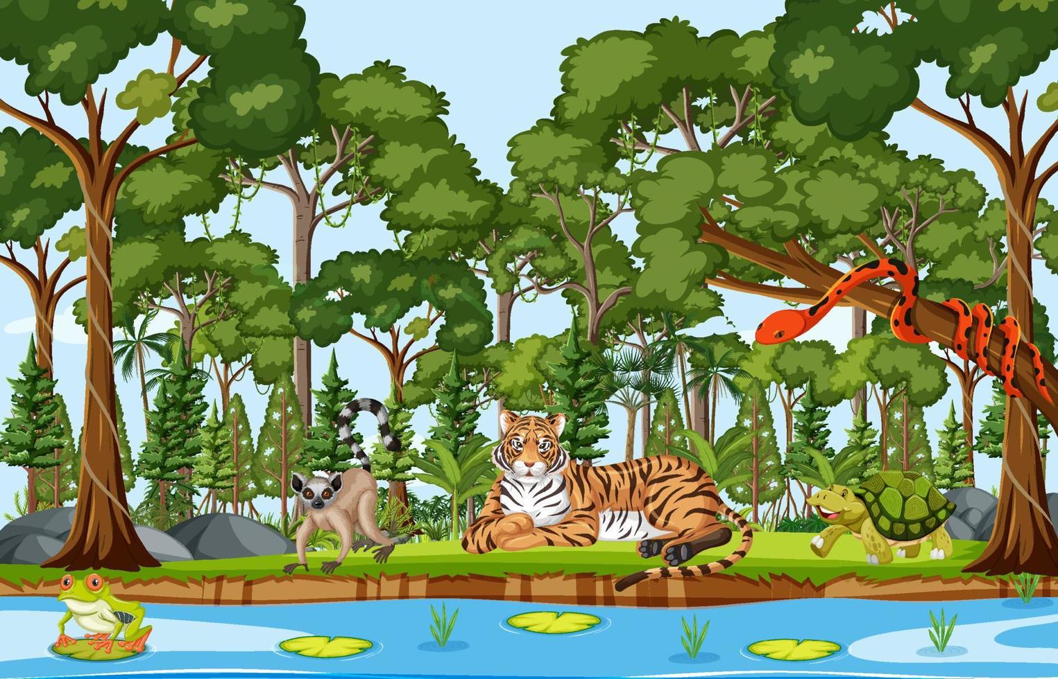personagens de desenhos animados de animais selvagens na cena da floresta vetor