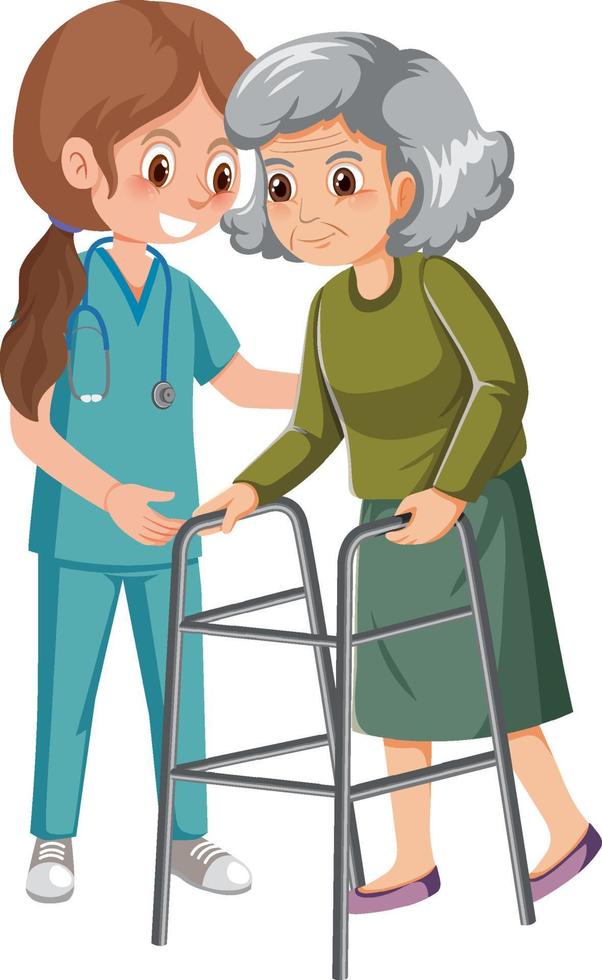 mulher idosa com andador e enfermeira vetor