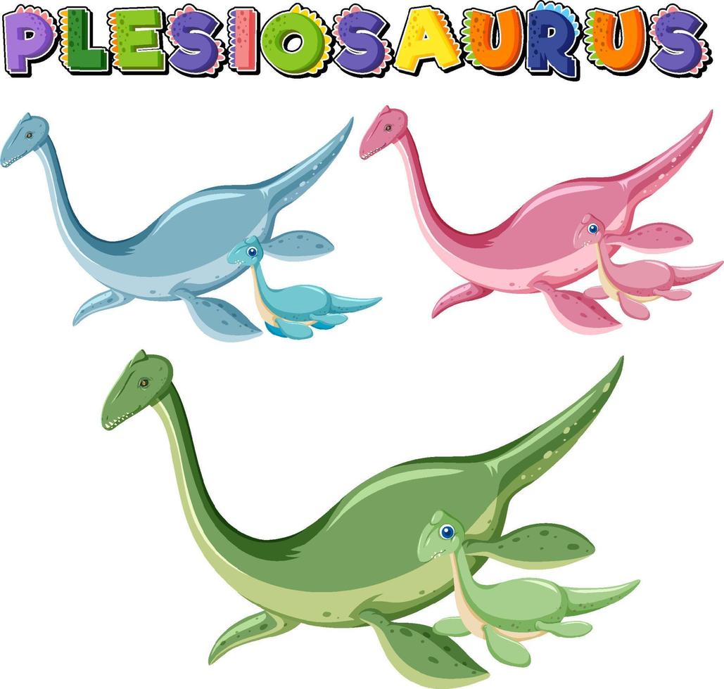 logotipo da palavra plesiossauros com conjunto de desenhos animados de dinossauros vetor