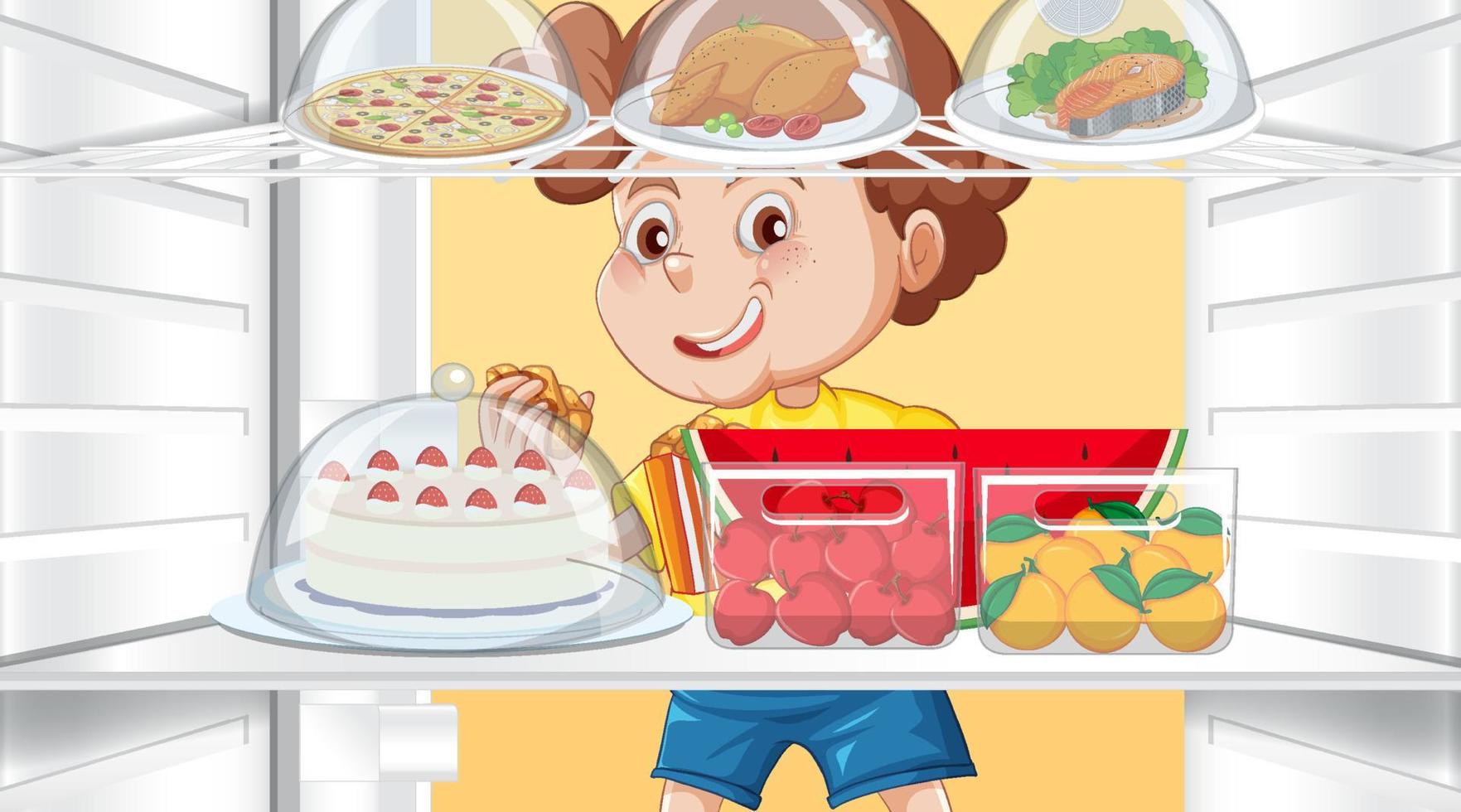 menino com fome procurando alimentos na geladeira vetor