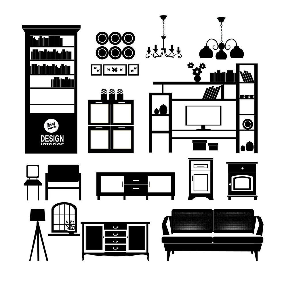 sala de estar, decoração de casa, ícones pretos de móveis para casa vetor